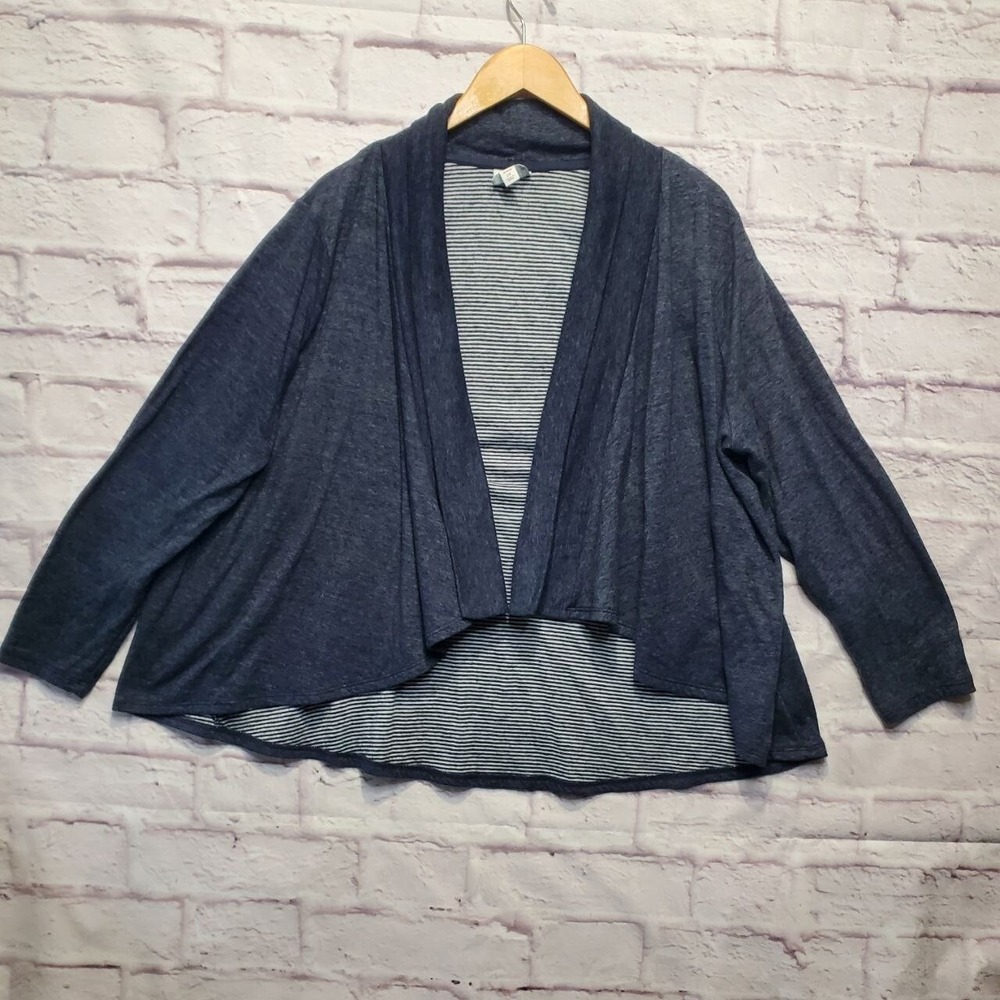 Sunday Open Front Cardigan Women 2X Blue Striped Lining Shawl Collar Knit Lay